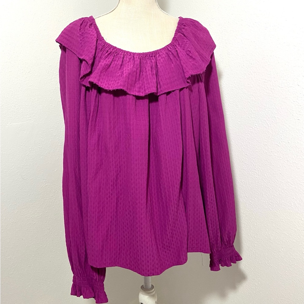 Knox Rose SZ XXL Magenta Ruffled Blouse Long Sleeves Feminine Peasant Top